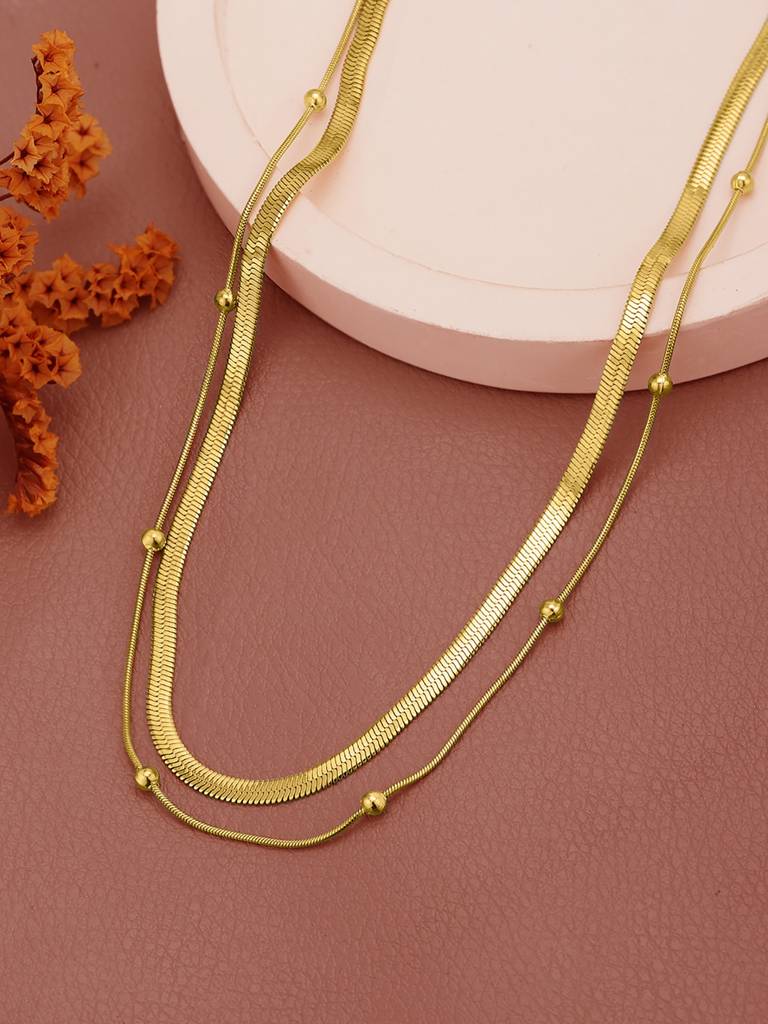Gold Plated Snake & Delicate Sphere Layered Necklace