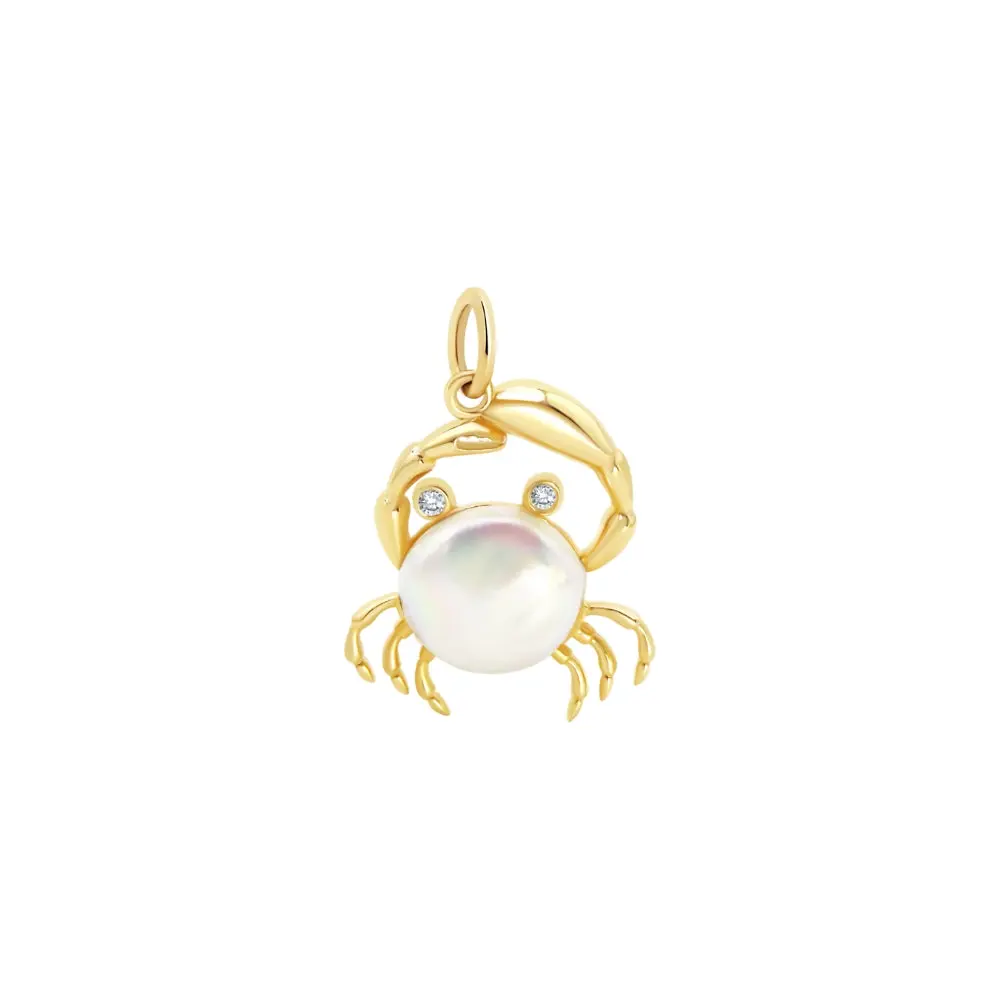 Crab Pendant with Mother-of-Pearl and Diamonds in 14K Yellow Gold