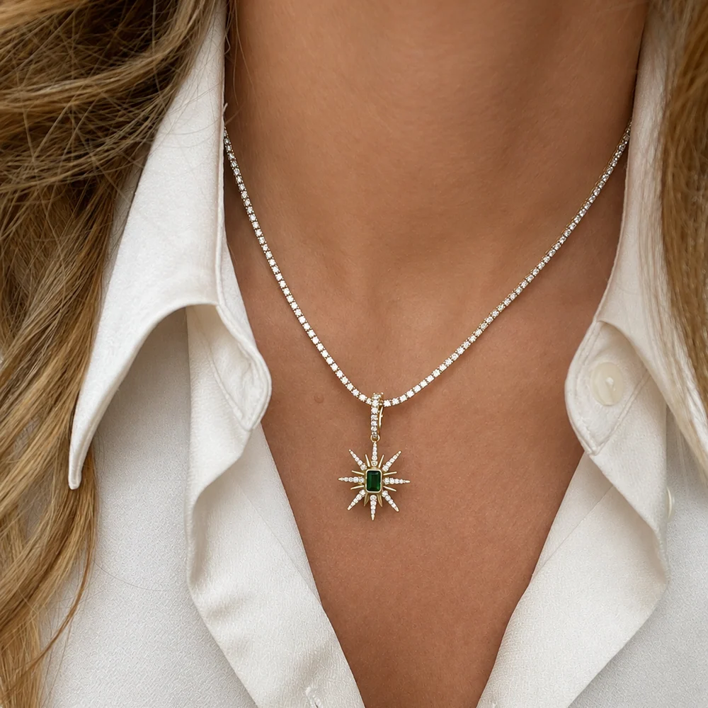 Emerald-Cut Emerald Starburst Diamond Pendant in 18K Yellow Gold — view 3