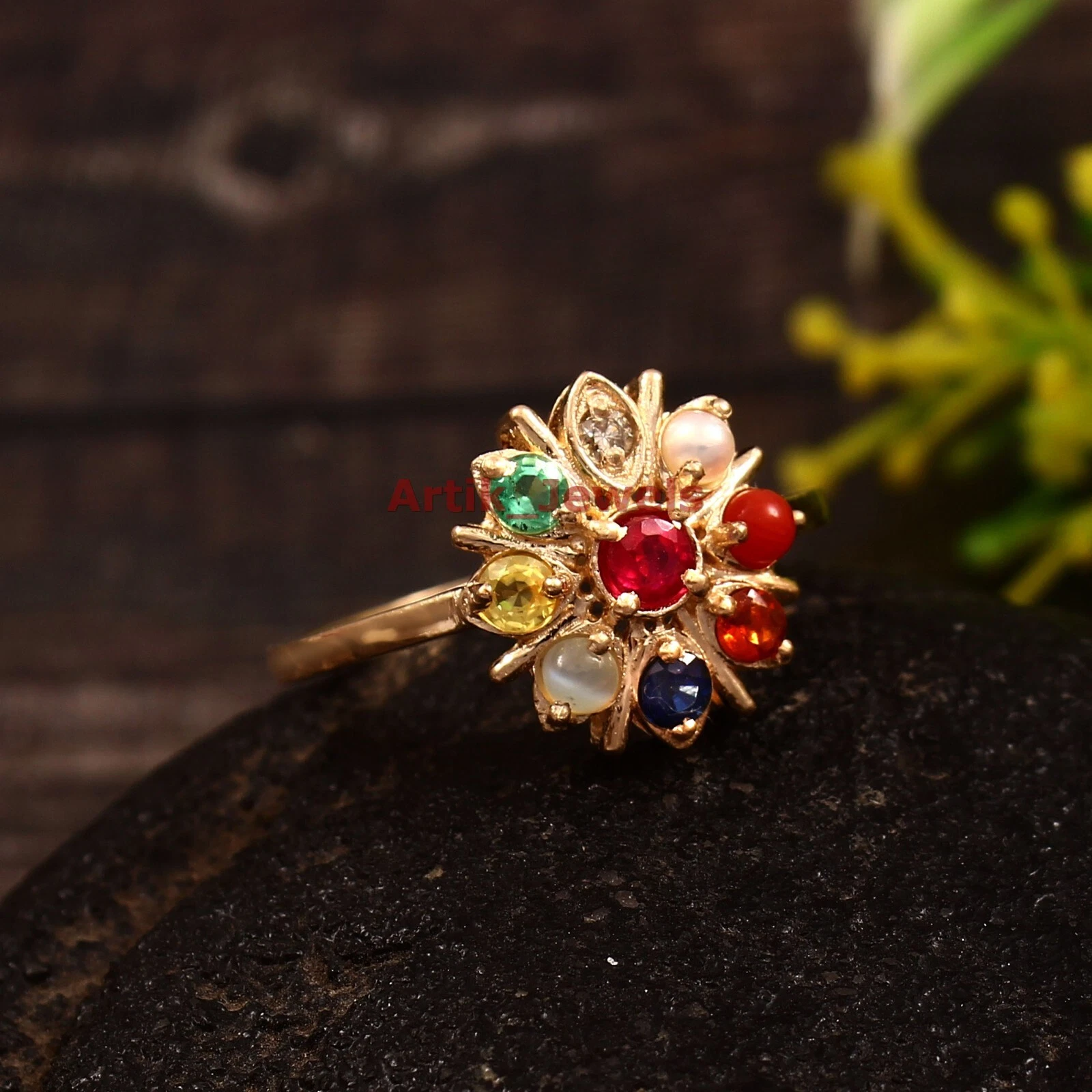 Colorful Navratna Gold Ring — view 2