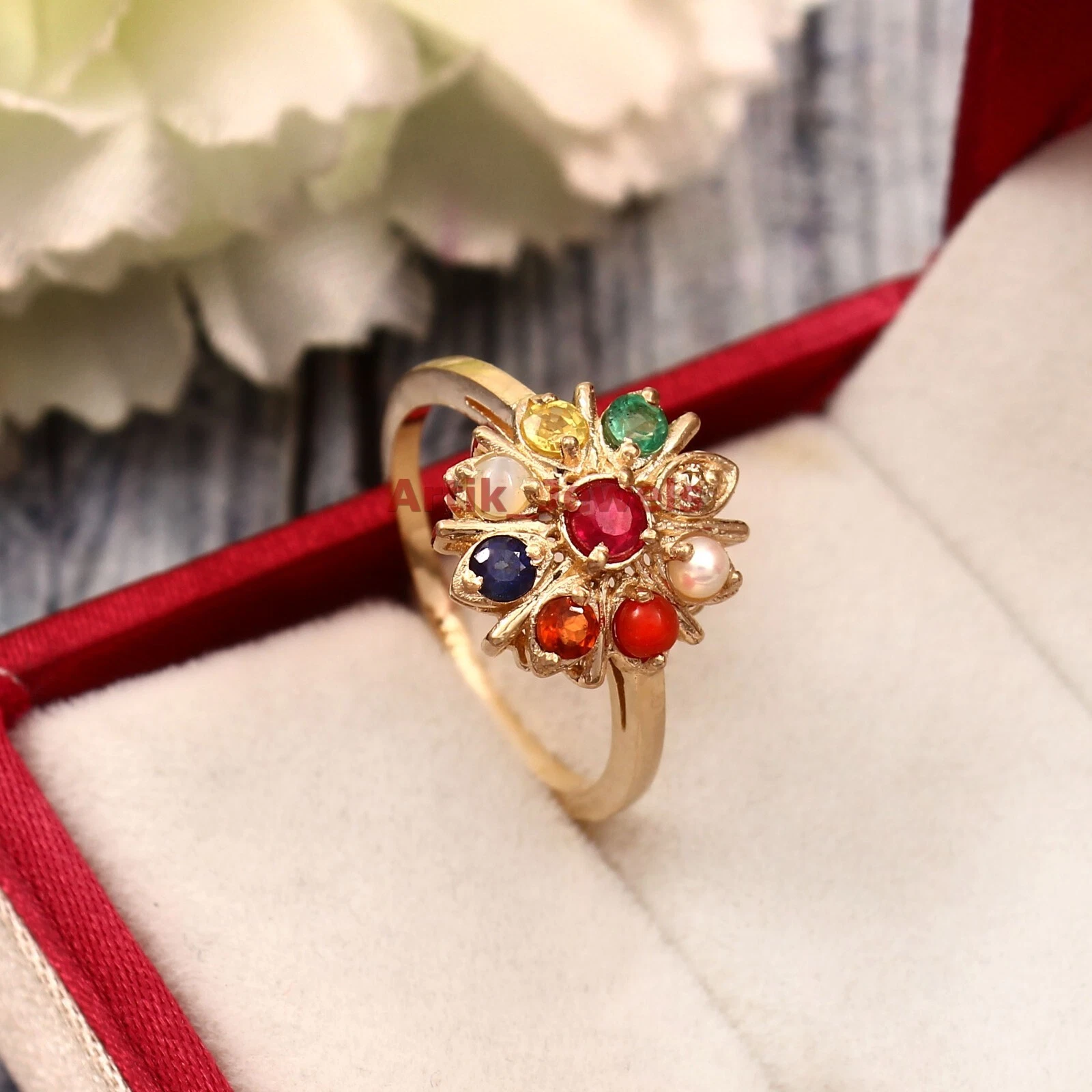 Colorful Navratna Gold Ring — view 3